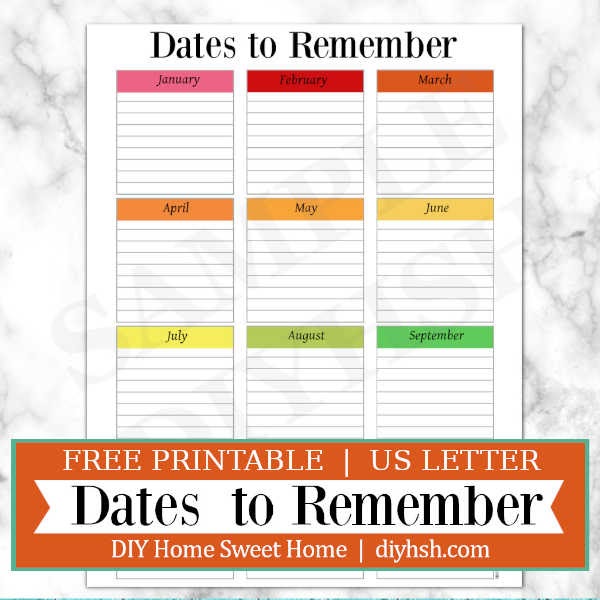 Dates To Remember – Home Management Binder – Free Printable