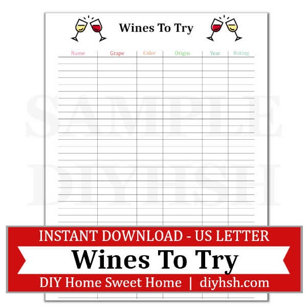 Wines To Try – Free Printable For Home Management Binder or Planner