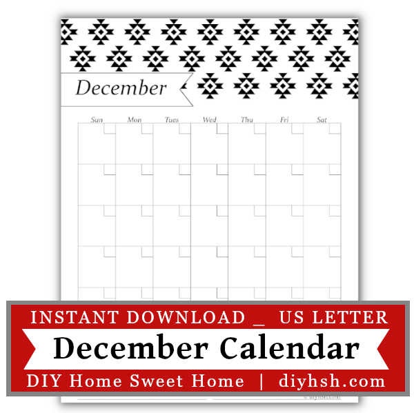 December Black & White Calendar – Free Printable